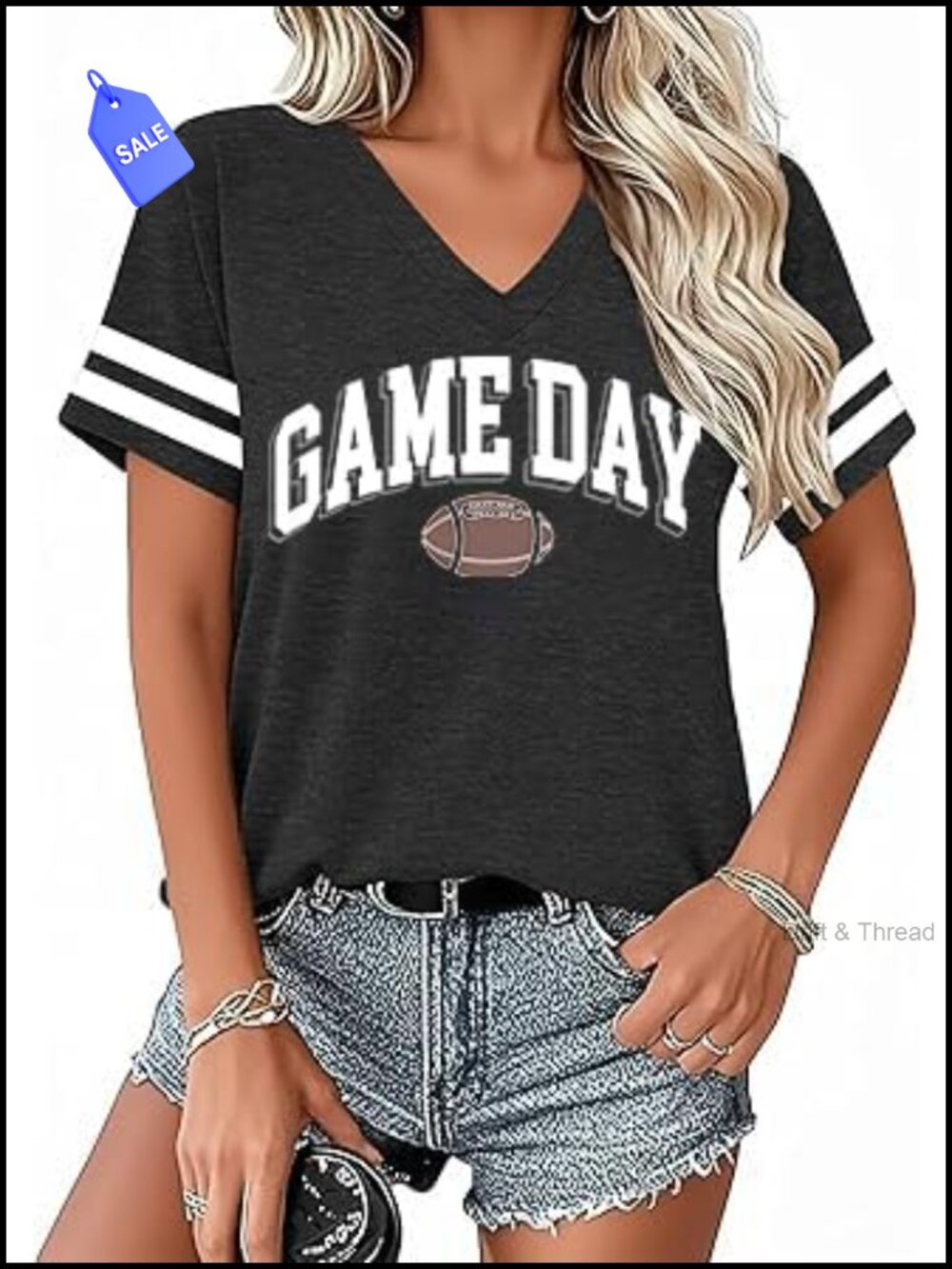 Womens Football V-Neck T-Shirt Short Sleeve Game Day Tee
